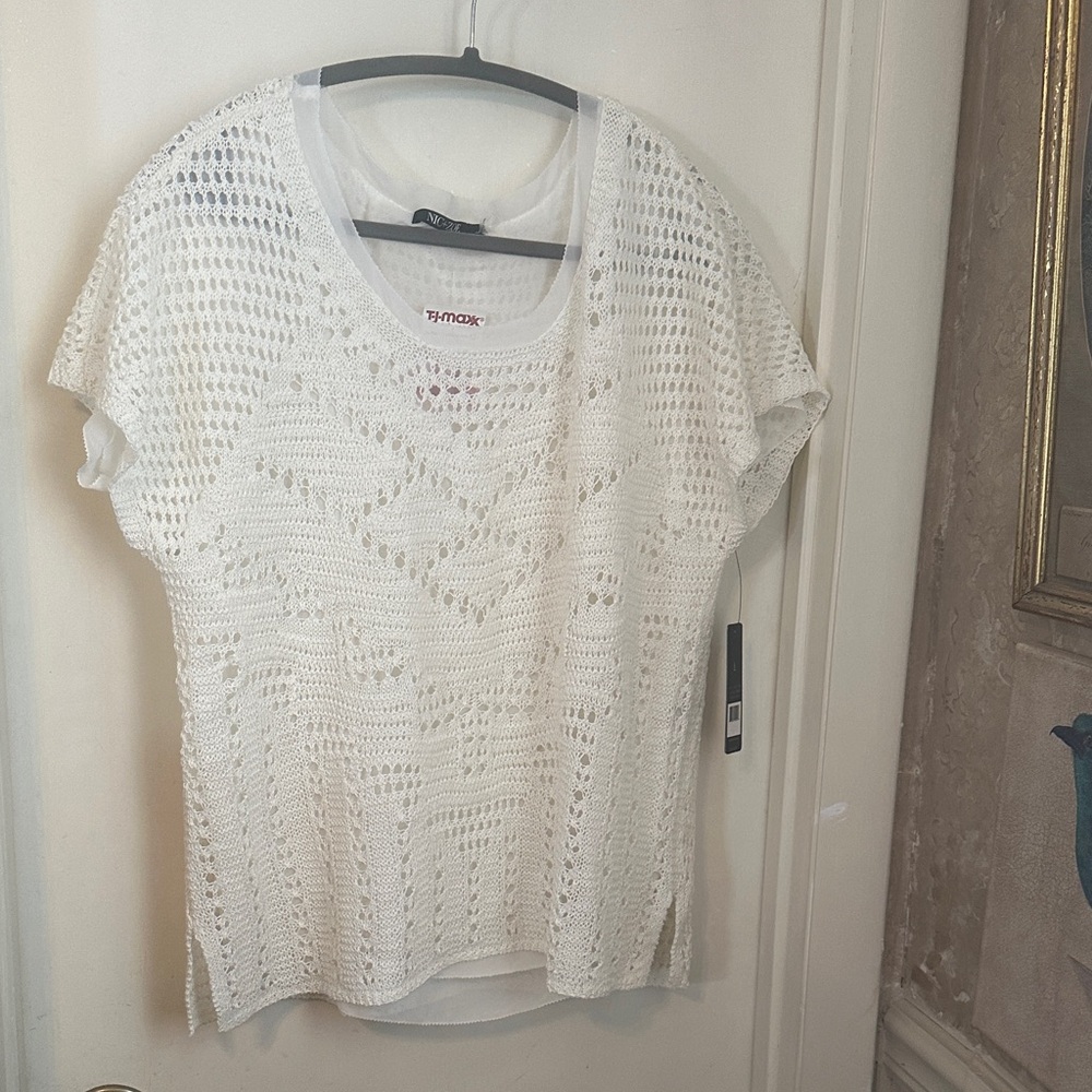 NIC+ZOE White Crochet Short Sleeve Sweater NWT Size L